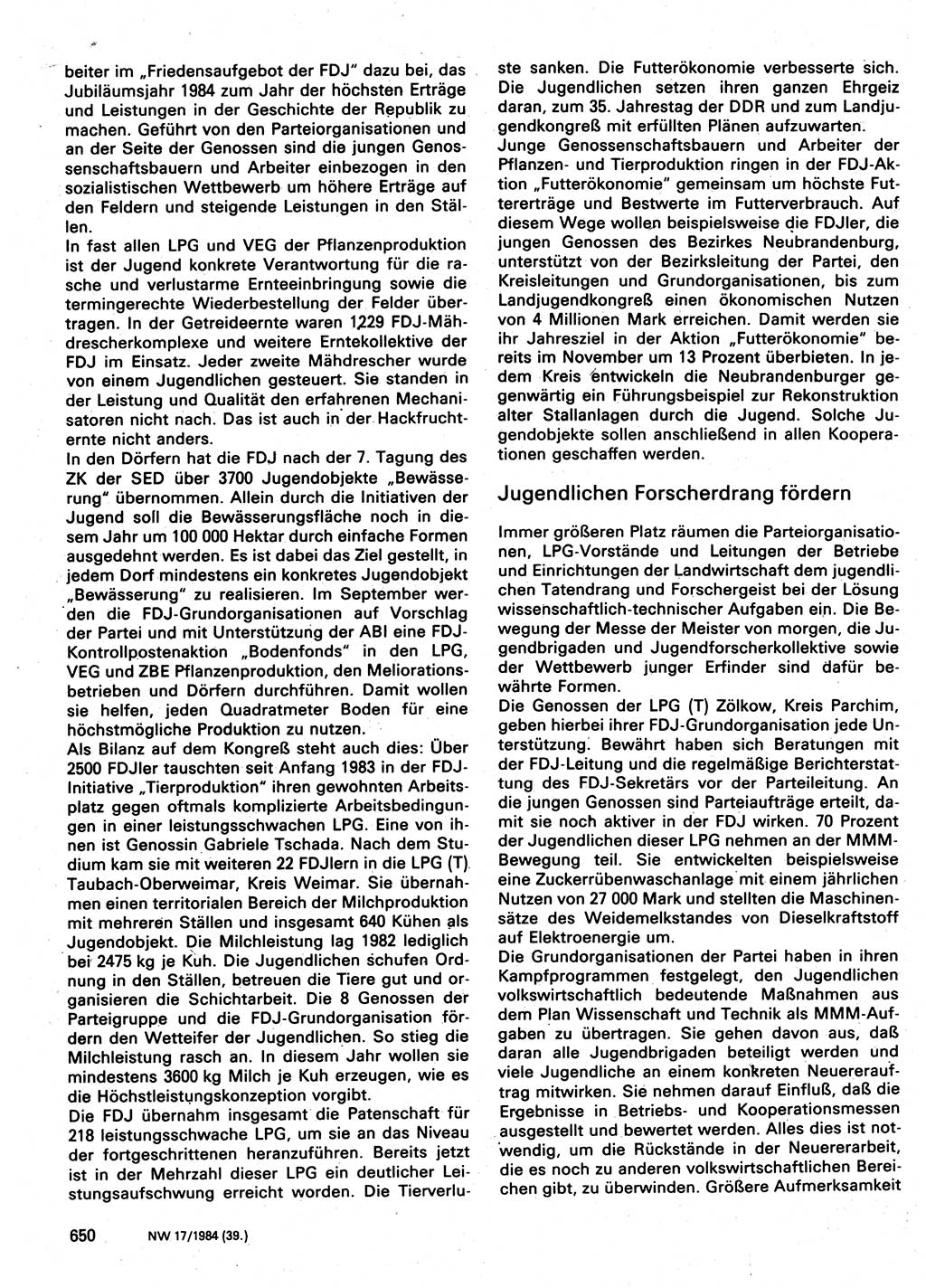 Neuer Weg (NW), Organ des Zentralkomitees (ZK) der SED (Sozialistische Einheitspartei Deutschlands) für Fragen des Parteilebens, 39. Jahrgang [Deutsche Demokratische Republik (DDR)] 1984, Seite 650 (NW ZK SED DDR 1984, S. 650)