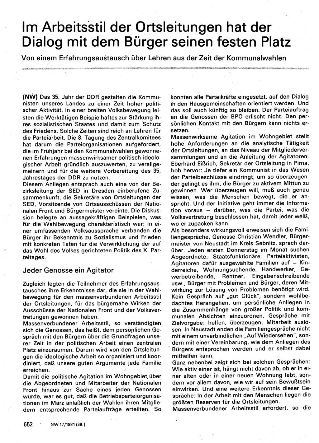 Neuer Weg (NW), Organ des Zentralkomitees (ZK) der SED (Sozialistische Einheitspartei Deutschlands) für Fragen des Parteilebens, 39. Jahrgang [Deutsche Demokratische Republik (DDR)] 1984, Seite 652 (NW ZK SED DDR 1984, S. 652)