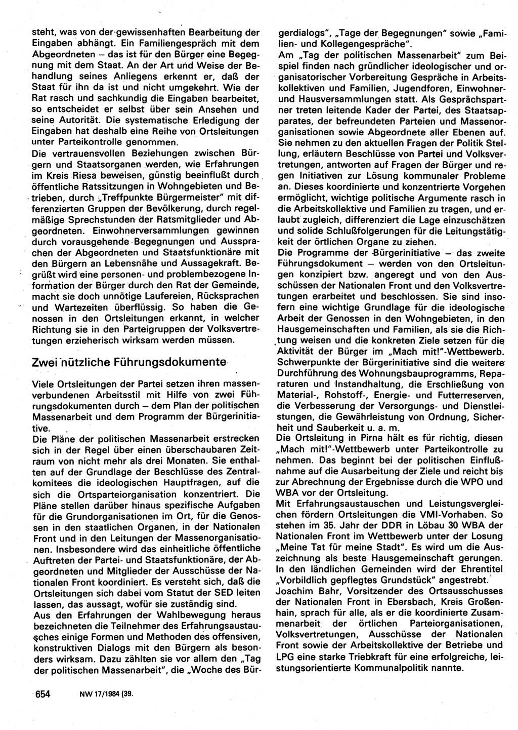 Neuer Weg (NW), Organ des Zentralkomitees (ZK) der SED (Sozialistische Einheitspartei Deutschlands) für Fragen des Parteilebens, 39. Jahrgang [Deutsche Demokratische Republik (DDR)] 1984, Seite 654 (NW ZK SED DDR 1984, S. 654)