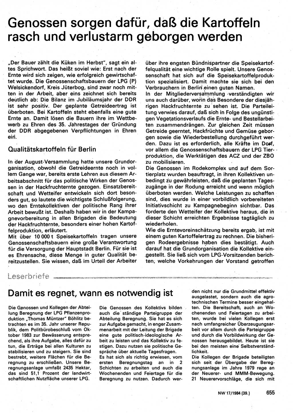 Neuer Weg (NW), Organ des Zentralkomitees (ZK) der SED (Sozialistische Einheitspartei Deutschlands) für Fragen des Parteilebens, 39. Jahrgang [Deutsche Demokratische Republik (DDR)] 1984, Seite 655 (NW ZK SED DDR 1984, S. 655)