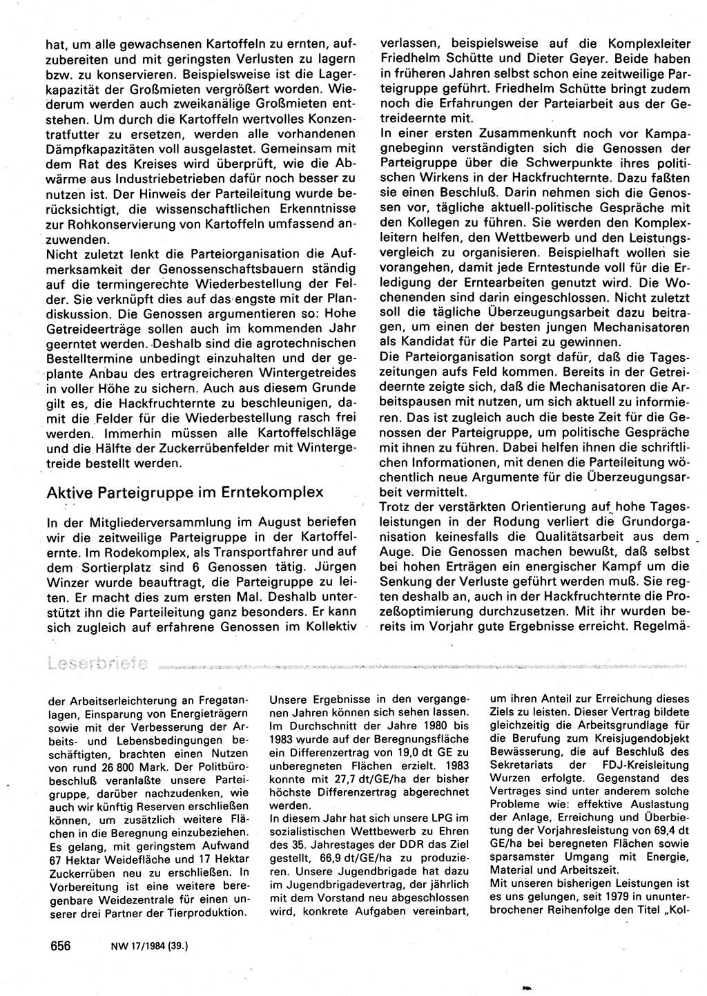 Neuer Weg (NW), Organ des Zentralkomitees (ZK) der SED (Sozialistische Einheitspartei Deutschlands) für Fragen des Parteilebens, 39. Jahrgang [Deutsche Demokratische Republik (DDR)] 1984, Seite 656 (NW ZK SED DDR 1984, S. 656)