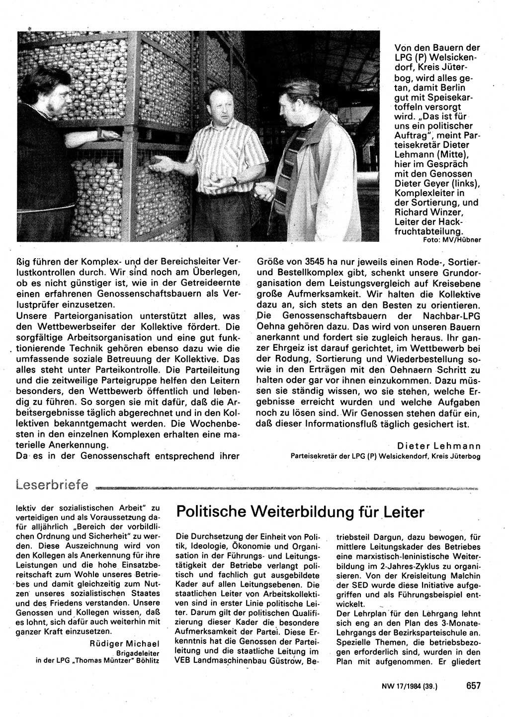 Neuer Weg (NW), Organ des Zentralkomitees (ZK) der SED (Sozialistische Einheitspartei Deutschlands) für Fragen des Parteilebens, 39. Jahrgang [Deutsche Demokratische Republik (DDR)] 1984, Seite 657 (NW ZK SED DDR 1984, S. 657)