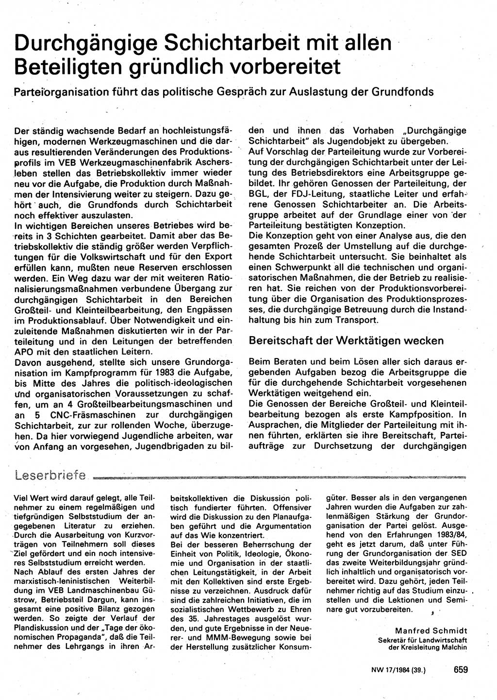 Neuer Weg (NW), Organ des Zentralkomitees (ZK) der SED (Sozialistische Einheitspartei Deutschlands) für Fragen des Parteilebens, 39. Jahrgang [Deutsche Demokratische Republik (DDR)] 1984, Seite 659 (NW ZK SED DDR 1984, S. 659)