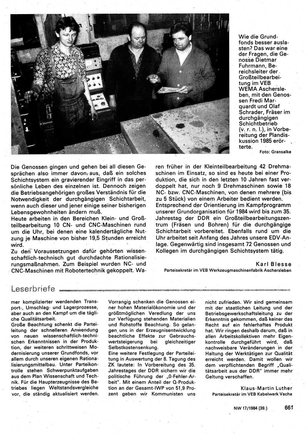 Neuer Weg (NW), Organ des Zentralkomitees (ZK) der SED (Sozialistische Einheitspartei Deutschlands) für Fragen des Parteilebens, 39. Jahrgang [Deutsche Demokratische Republik (DDR)] 1984, Seite 661 (NW ZK SED DDR 1984, S. 661)