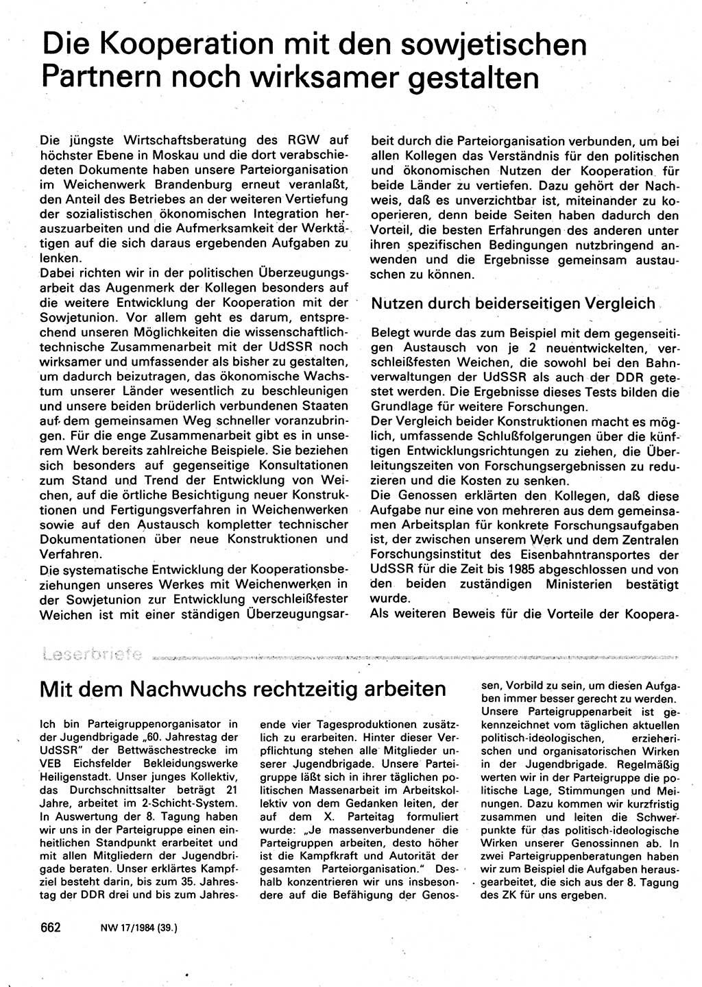 Neuer Weg (NW), Organ des Zentralkomitees (ZK) der SED (Sozialistische Einheitspartei Deutschlands) für Fragen des Parteilebens, 39. Jahrgang [Deutsche Demokratische Republik (DDR)] 1984, Seite 662 (NW ZK SED DDR 1984, S. 662)