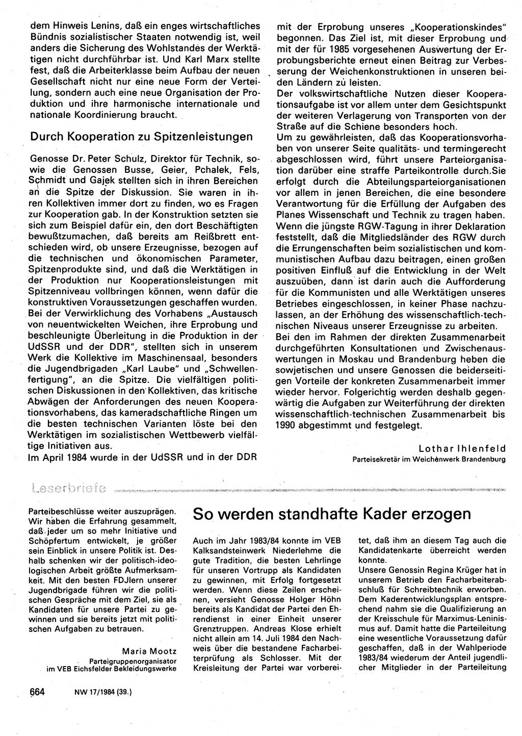 Neuer Weg (NW), Organ des Zentralkomitees (ZK) der SED (Sozialistische Einheitspartei Deutschlands) für Fragen des Parteilebens, 39. Jahrgang [Deutsche Demokratische Republik (DDR)] 1984, Seite 664 (NW ZK SED DDR 1984, S. 664)