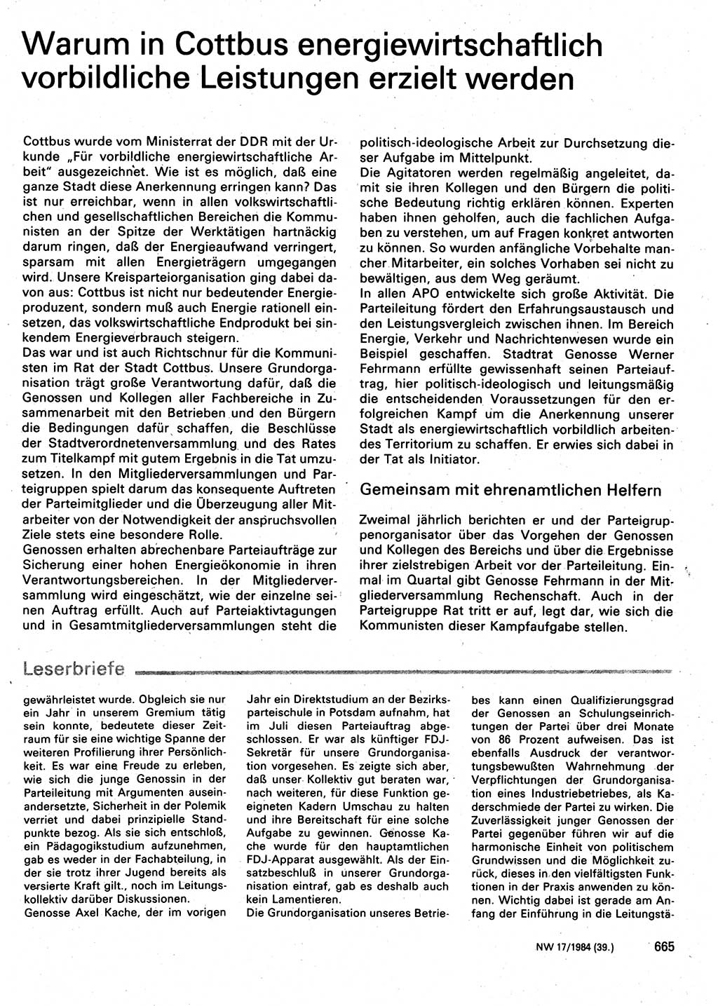 Neuer Weg (NW), Organ des Zentralkomitees (ZK) der SED (Sozialistische Einheitspartei Deutschlands) für Fragen des Parteilebens, 39. Jahrgang [Deutsche Demokratische Republik (DDR)] 1984, Seite 665 (NW ZK SED DDR 1984, S. 665)