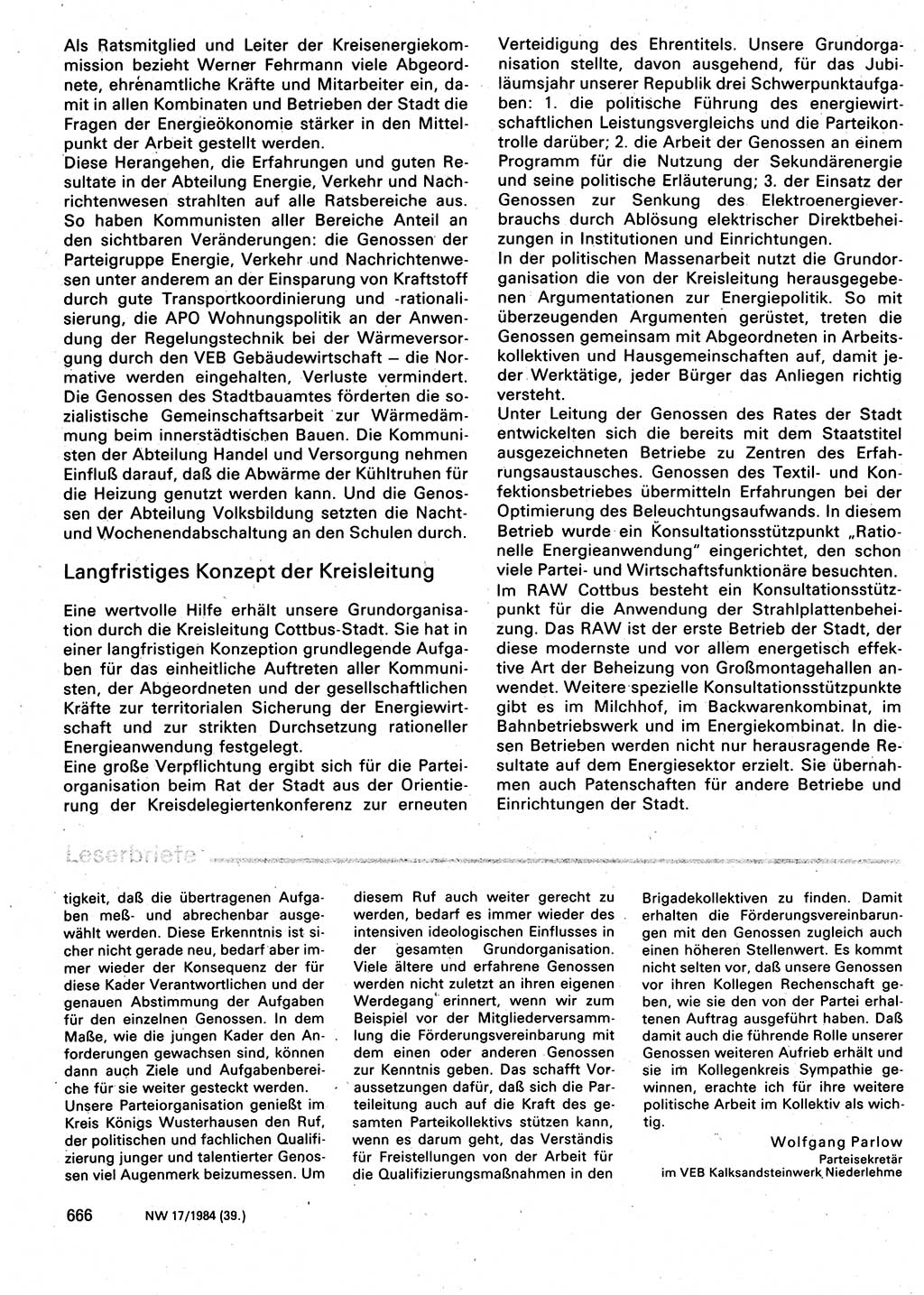 Neuer Weg (NW), Organ des Zentralkomitees (ZK) der SED (Sozialistische Einheitspartei Deutschlands) für Fragen des Parteilebens, 39. Jahrgang [Deutsche Demokratische Republik (DDR)] 1984, Seite 666 (NW ZK SED DDR 1984, S. 666)