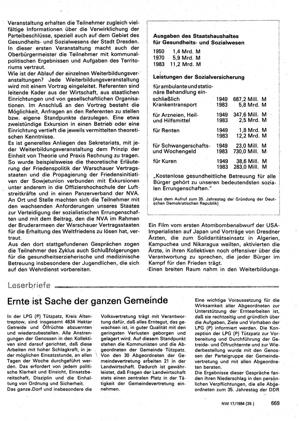 Neuer Weg (NW), Organ des Zentralkomitees (ZK) der SED (Sozialistische Einheitspartei Deutschlands) für Fragen des Parteilebens, 39. Jahrgang [Deutsche Demokratische Republik (DDR)] 1984, Seite 669 (NW ZK SED DDR 1984, S. 669)