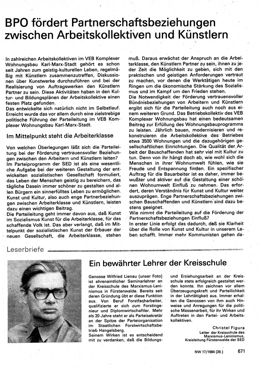 Neuer Weg (NW), Organ des Zentralkomitees (ZK) der SED (Sozialistische Einheitspartei Deutschlands) für Fragen des Parteilebens, 39. Jahrgang [Deutsche Demokratische Republik (DDR)] 1984, Seite 671 (NW ZK SED DDR 1984, S. 671)