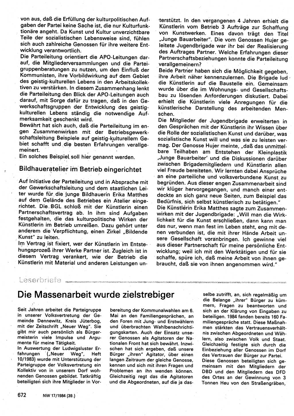 Neuer Weg (NW), Organ des Zentralkomitees (ZK) der SED (Sozialistische Einheitspartei Deutschlands) für Fragen des Parteilebens, 39. Jahrgang [Deutsche Demokratische Republik (DDR)] 1984, Seite 672 (NW ZK SED DDR 1984, S. 672)