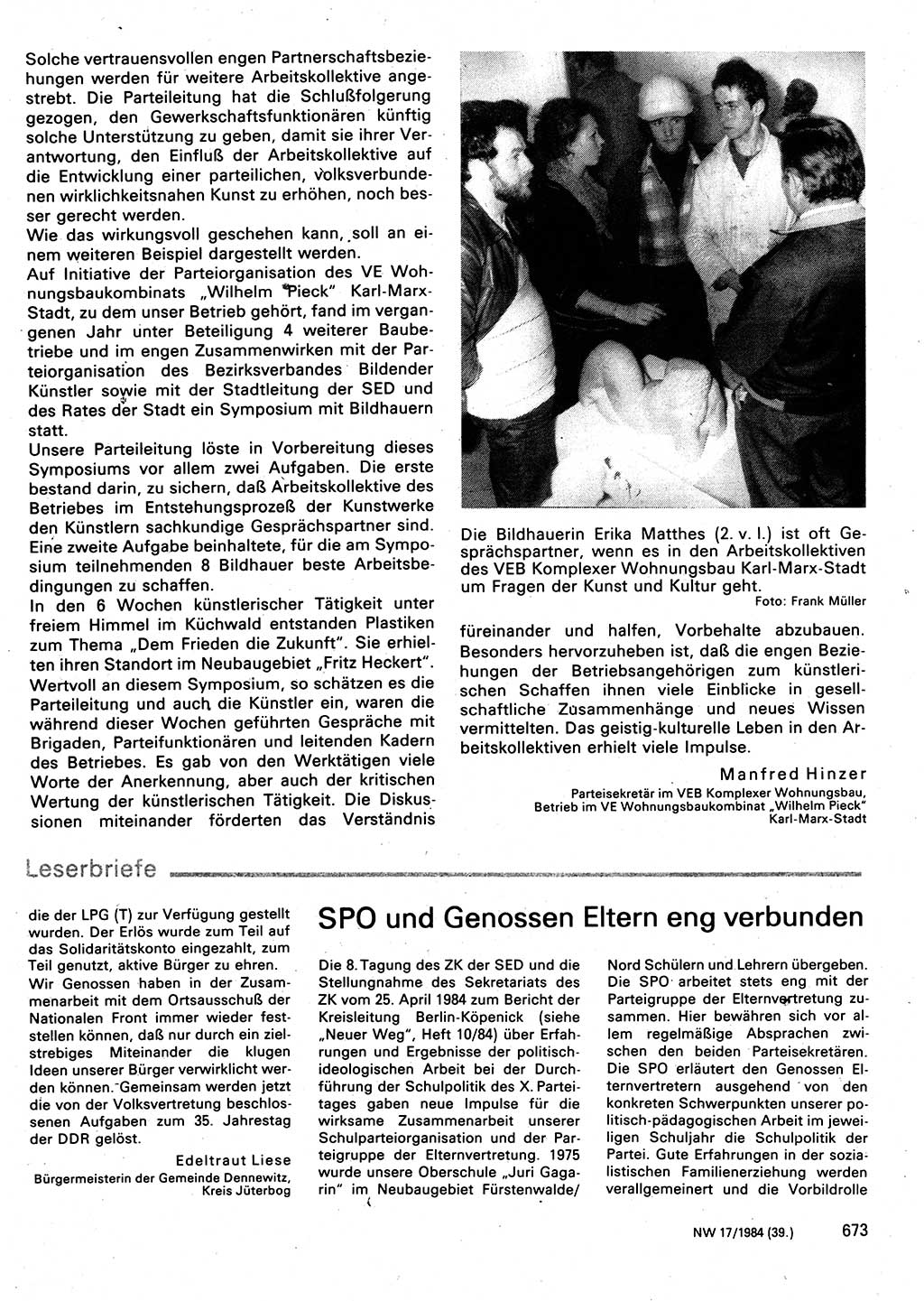 Neuer Weg (NW), Organ des Zentralkomitees (ZK) der SED (Sozialistische Einheitspartei Deutschlands) für Fragen des Parteilebens, 39. Jahrgang [Deutsche Demokratische Republik (DDR)] 1984, Seite 673 (NW ZK SED DDR 1984, S. 673)