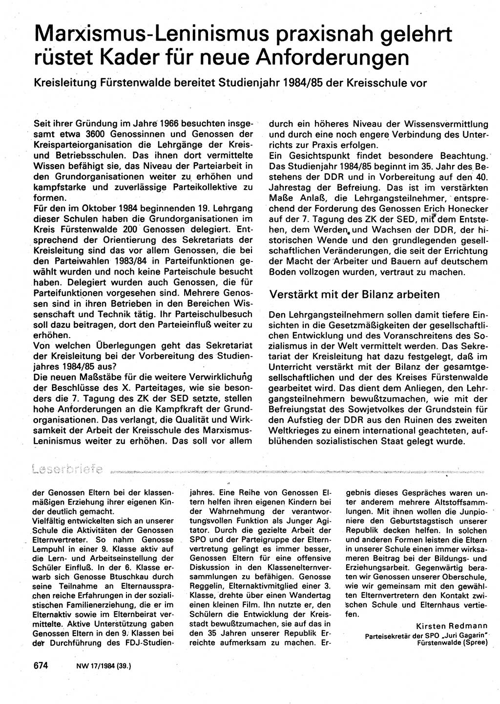 Neuer Weg (NW), Organ des Zentralkomitees (ZK) der SED (Sozialistische Einheitspartei Deutschlands) für Fragen des Parteilebens, 39. Jahrgang [Deutsche Demokratische Republik (DDR)] 1984, Seite 674 (NW ZK SED DDR 1984, S. 674)