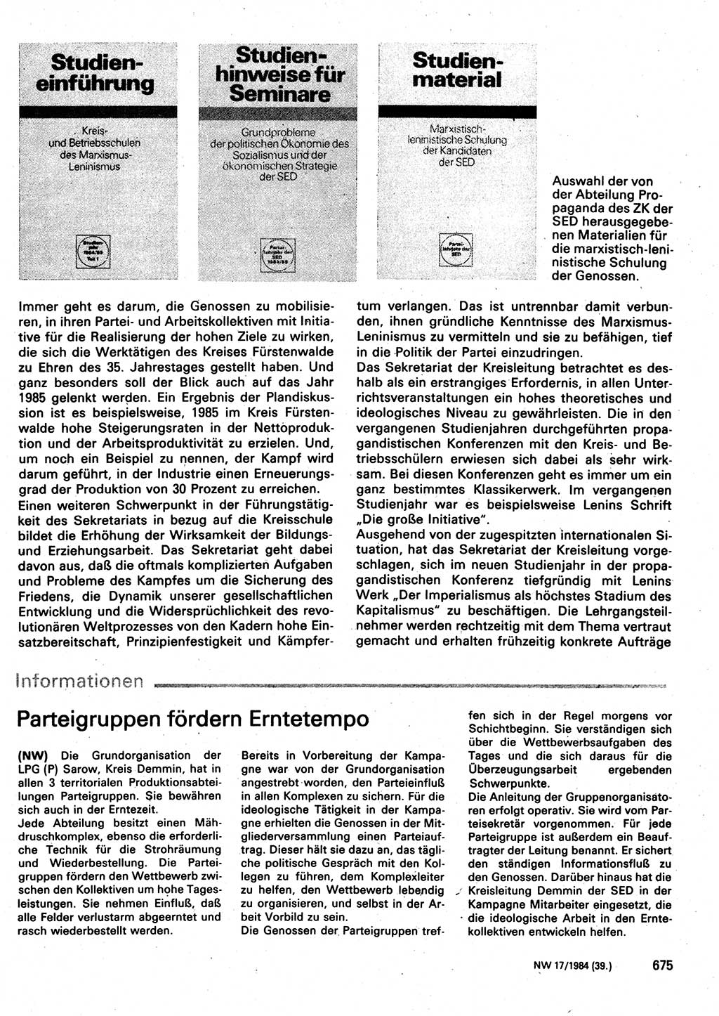 Neuer Weg (NW), Organ des Zentralkomitees (ZK) der SED (Sozialistische Einheitspartei Deutschlands) für Fragen des Parteilebens, 39. Jahrgang [Deutsche Demokratische Republik (DDR)] 1984, Seite 675 (NW ZK SED DDR 1984, S. 675)