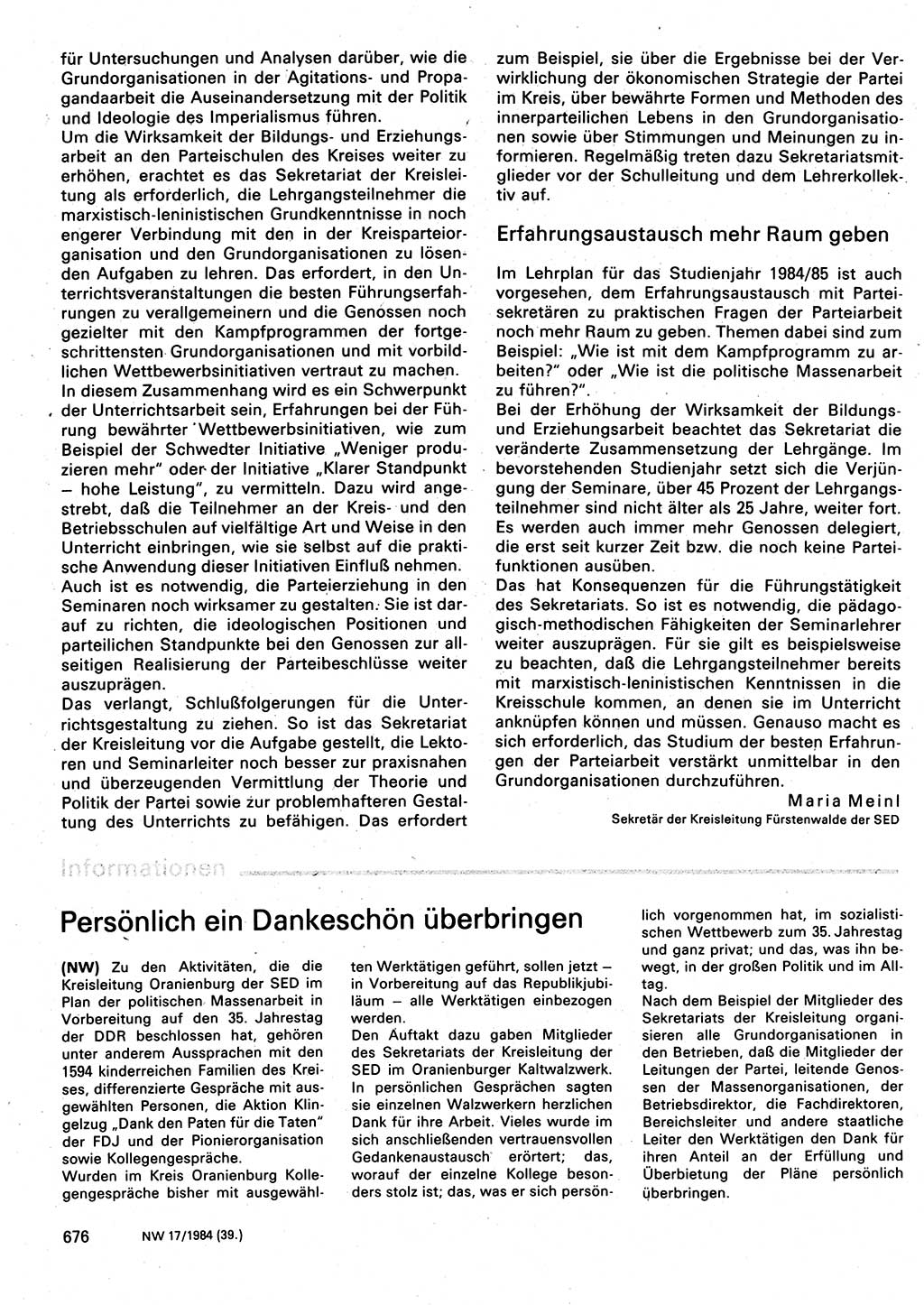 Neuer Weg (NW), Organ des Zentralkomitees (ZK) der SED (Sozialistische Einheitspartei Deutschlands) für Fragen des Parteilebens, 39. Jahrgang [Deutsche Demokratische Republik (DDR)] 1984, Seite 676 (NW ZK SED DDR 1984, S. 676)