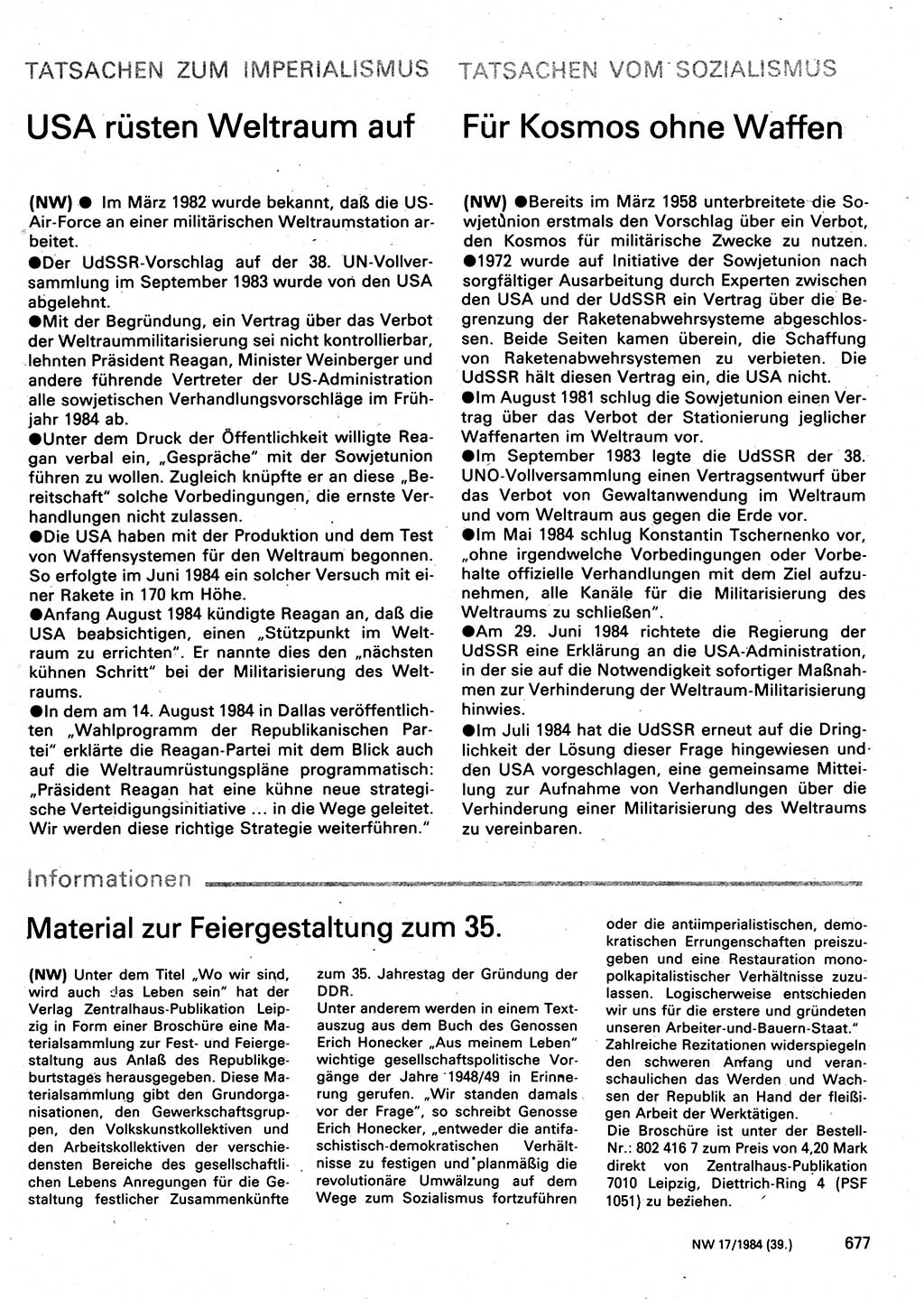 Neuer Weg (NW), Organ des Zentralkomitees (ZK) der SED (Sozialistische Einheitspartei Deutschlands) für Fragen des Parteilebens, 39. Jahrgang [Deutsche Demokratische Republik (DDR)] 1984, Seite 677 (NW ZK SED DDR 1984, S. 677)