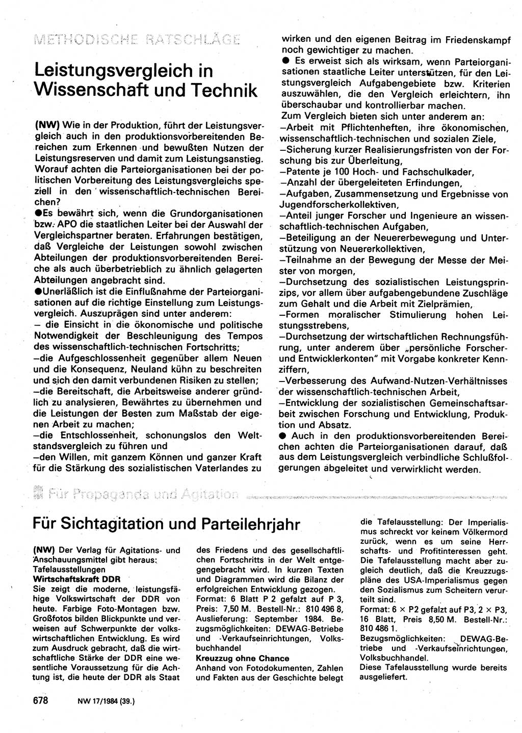 Neuer Weg (NW), Organ des Zentralkomitees (ZK) der SED (Sozialistische Einheitspartei Deutschlands) für Fragen des Parteilebens, 39. Jahrgang [Deutsche Demokratische Republik (DDR)] 1984, Seite 678 (NW ZK SED DDR 1984, S. 678)