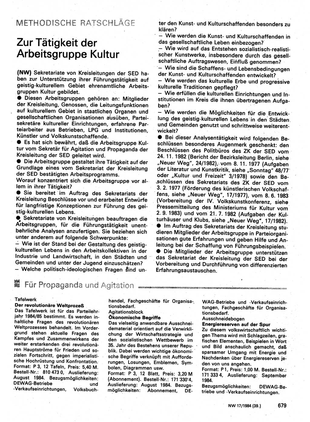 Neuer Weg (NW), Organ des Zentralkomitees (ZK) der SED (Sozialistische Einheitspartei Deutschlands) für Fragen des Parteilebens, 39. Jahrgang [Deutsche Demokratische Republik (DDR)] 1984, Seite 679 (NW ZK SED DDR 1984, S. 679)