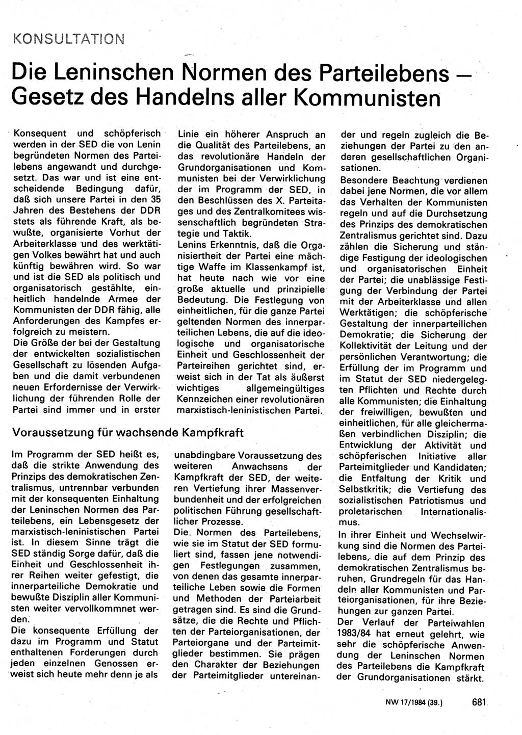 Neuer Weg (NW), Organ des Zentralkomitees (ZK) der SED (Sozialistische Einheitspartei Deutschlands) für Fragen des Parteilebens, 39. Jahrgang [Deutsche Demokratische Republik (DDR)] 1984, Seite 681 (NW ZK SED DDR 1984, S. 681)