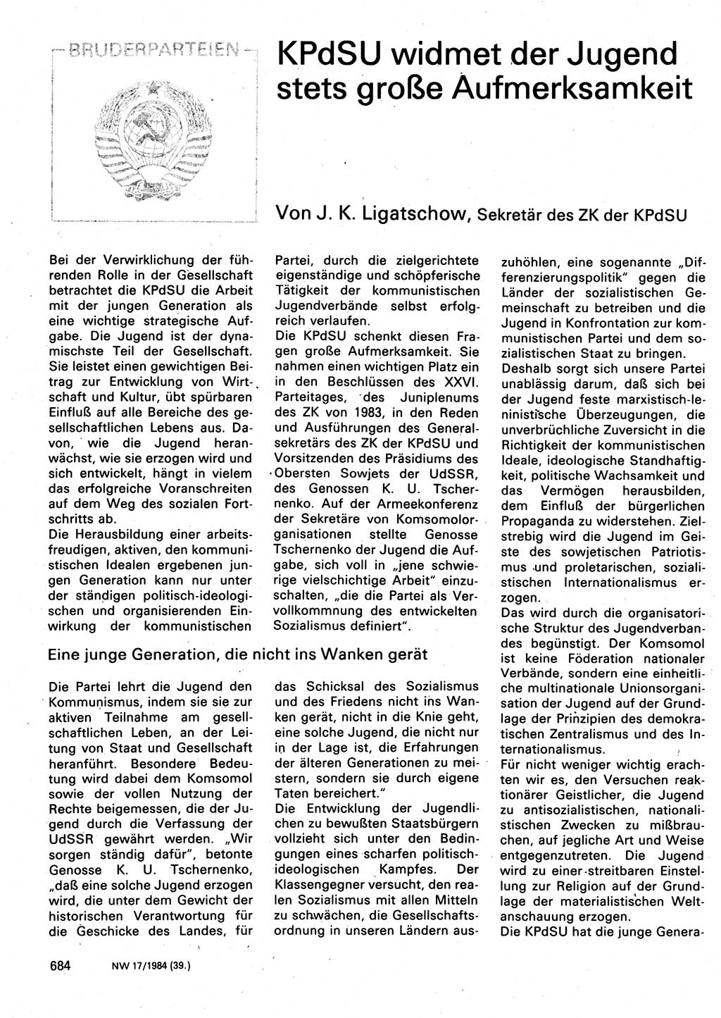 Neuer Weg (NW), Organ des Zentralkomitees (ZK) der SED (Sozialistische Einheitspartei Deutschlands) für Fragen des Parteilebens, 39. Jahrgang [Deutsche Demokratische Republik (DDR)] 1984, Seite 684 (NW ZK SED DDR 1984, S. 684)