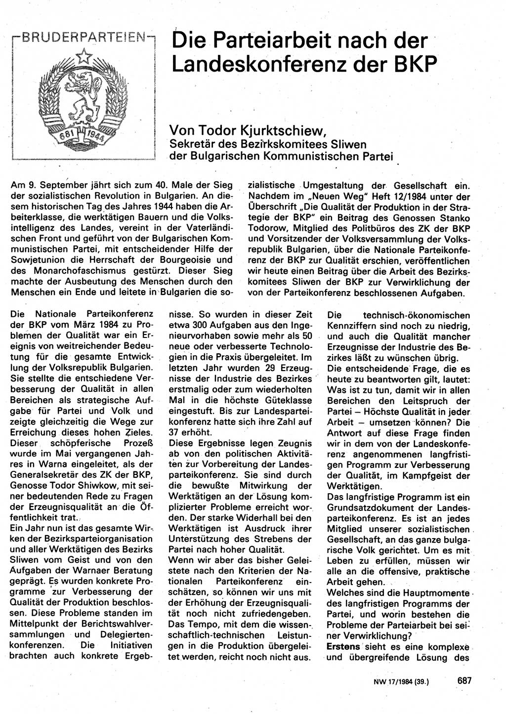 Neuer Weg (NW), Organ des Zentralkomitees (ZK) der SED (Sozialistische Einheitspartei Deutschlands) für Fragen des Parteilebens, 39. Jahrgang [Deutsche Demokratische Republik (DDR)] 1984, Seite 687 (NW ZK SED DDR 1984, S. 687)