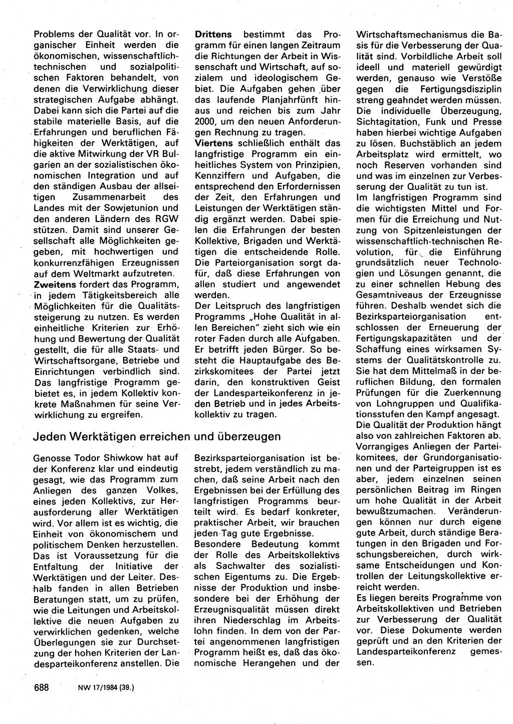 Neuer Weg (NW), Organ des Zentralkomitees (ZK) der SED (Sozialistische Einheitspartei Deutschlands) für Fragen des Parteilebens, 39. Jahrgang [Deutsche Demokratische Republik (DDR)] 1984, Seite 688 (NW ZK SED DDR 1984, S. 688)