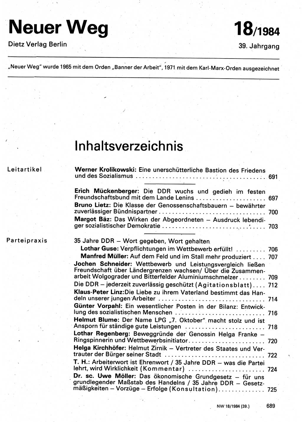Neuer Weg (NW), Organ des Zentralkomitees (ZK) der SED (Sozialistische Einheitspartei Deutschlands) für Fragen des Parteilebens, 39. Jahrgang [Deutsche Demokratische Republik (DDR)] 1984, Seite 689 (NW ZK SED DDR 1984, S. 689)