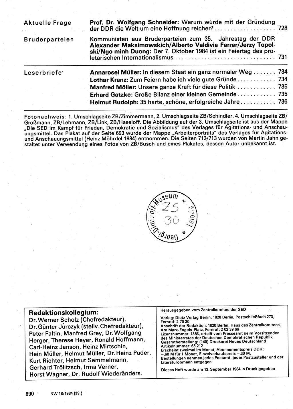 Neuer Weg (NW), Organ des Zentralkomitees (ZK) der SED (Sozialistische Einheitspartei Deutschlands) für Fragen des Parteilebens, 39. Jahrgang [Deutsche Demokratische Republik (DDR)] 1984, Seite 690 (NW ZK SED DDR 1984, S. 690)
