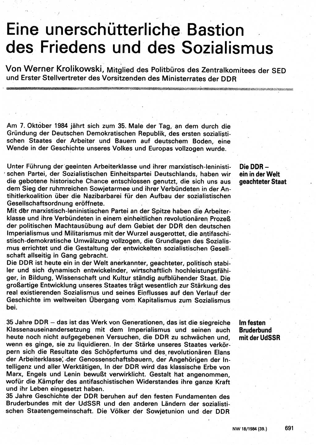 Neuer Weg (NW), Organ des Zentralkomitees (ZK) der SED (Sozialistische Einheitspartei Deutschlands) für Fragen des Parteilebens, 39. Jahrgang [Deutsche Demokratische Republik (DDR)] 1984, Seite 691 (NW ZK SED DDR 1984, S. 691)