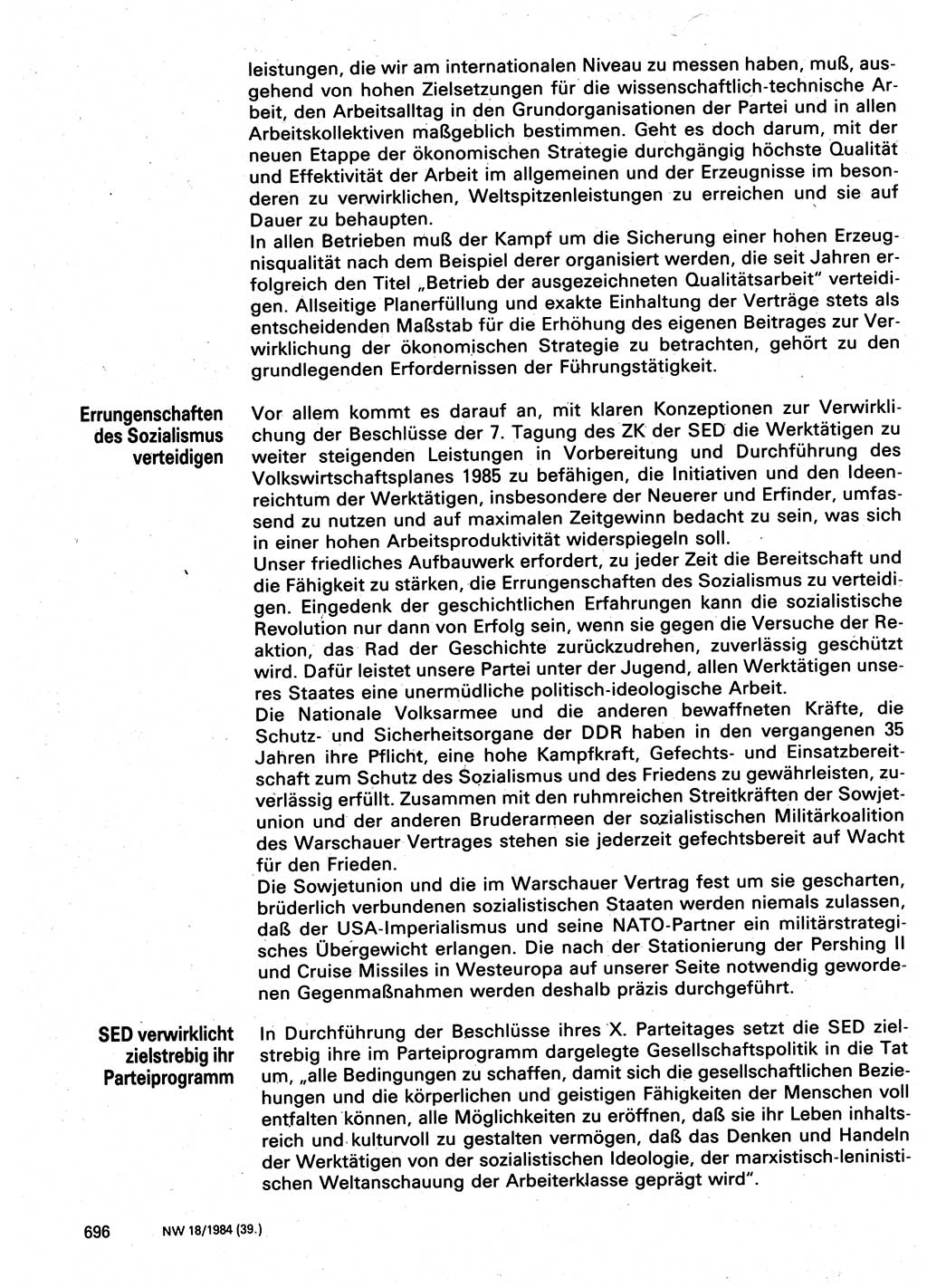 Neuer Weg (NW), Organ des Zentralkomitees (ZK) der SED (Sozialistische Einheitspartei Deutschlands) für Fragen des Parteilebens, 39. Jahrgang [Deutsche Demokratische Republik (DDR)] 1984, Seite 696 (NW ZK SED DDR 1984, S. 696)