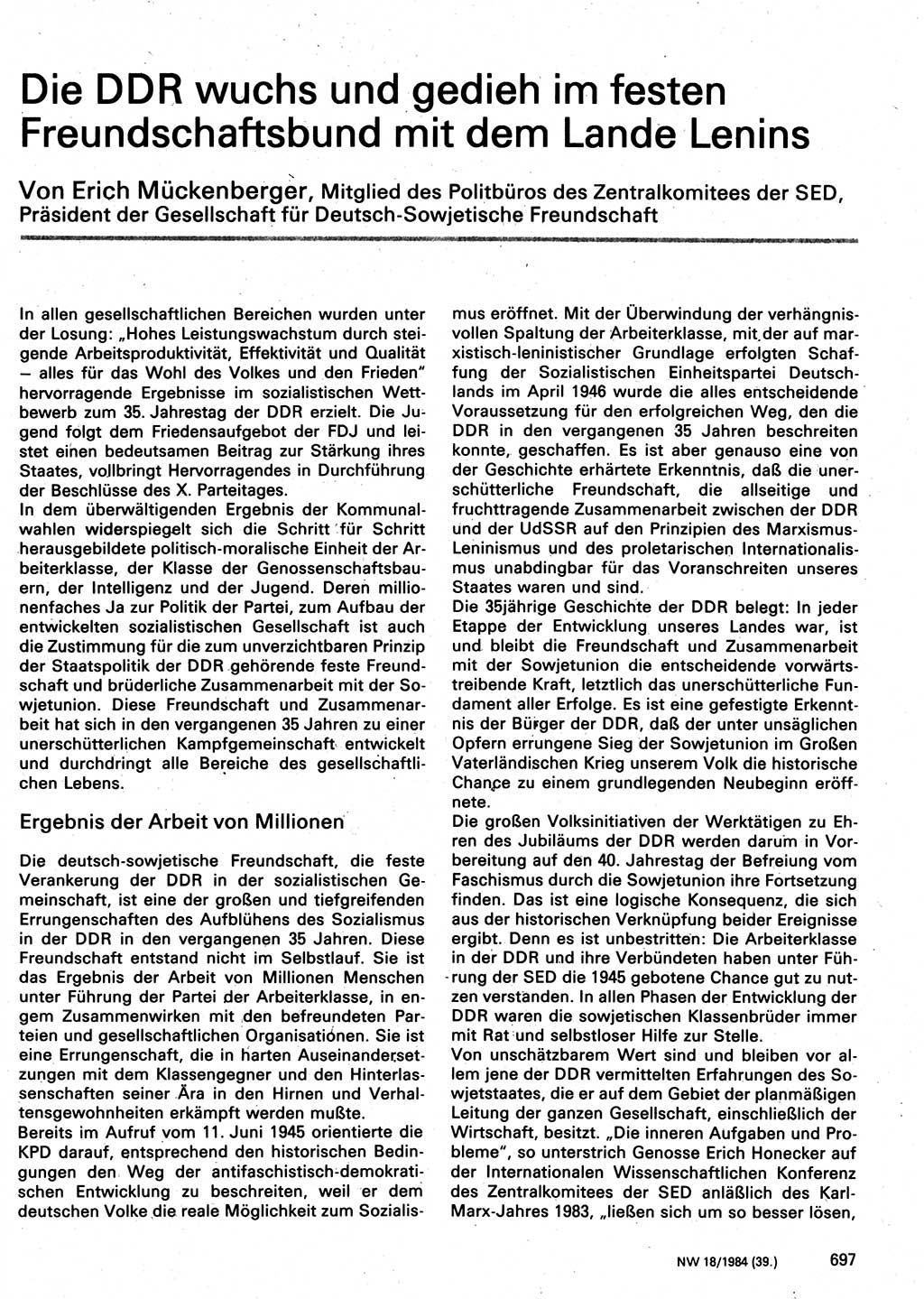 Neuer Weg (NW), Organ des Zentralkomitees (ZK) der SED (Sozialistische Einheitspartei Deutschlands) für Fragen des Parteilebens, 39. Jahrgang [Deutsche Demokratische Republik (DDR)] 1984, Seite 697 (NW ZK SED DDR 1984, S. 697)