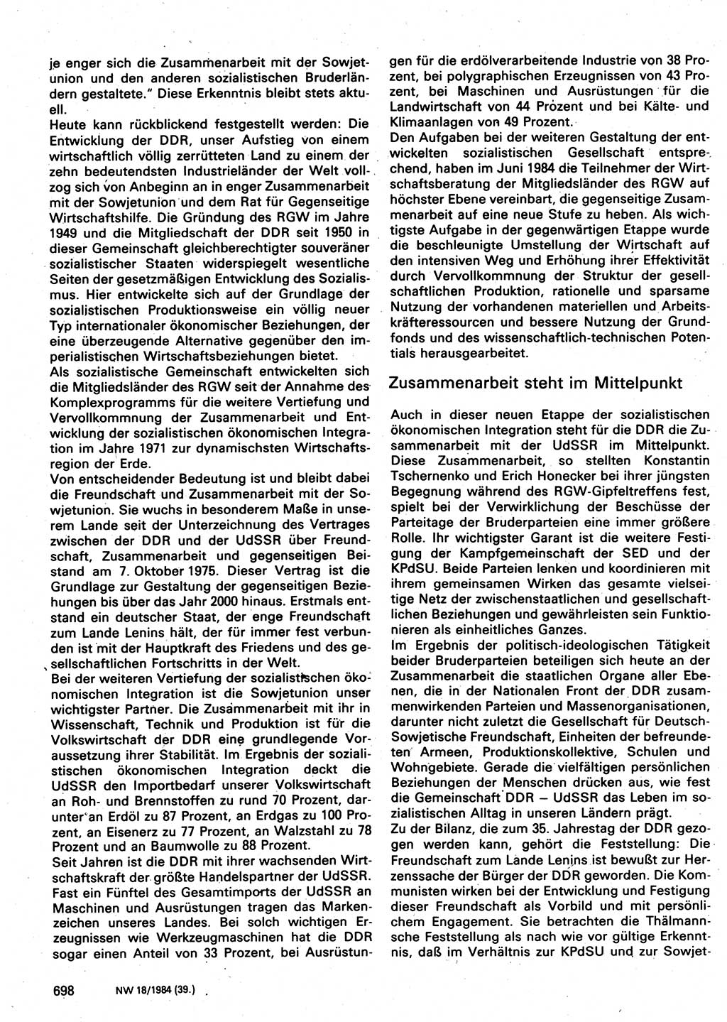 Neuer Weg (NW), Organ des Zentralkomitees (ZK) der SED (Sozialistische Einheitspartei Deutschlands) für Fragen des Parteilebens, 39. Jahrgang [Deutsche Demokratische Republik (DDR)] 1984, Seite 698 (NW ZK SED DDR 1984, S. 698)