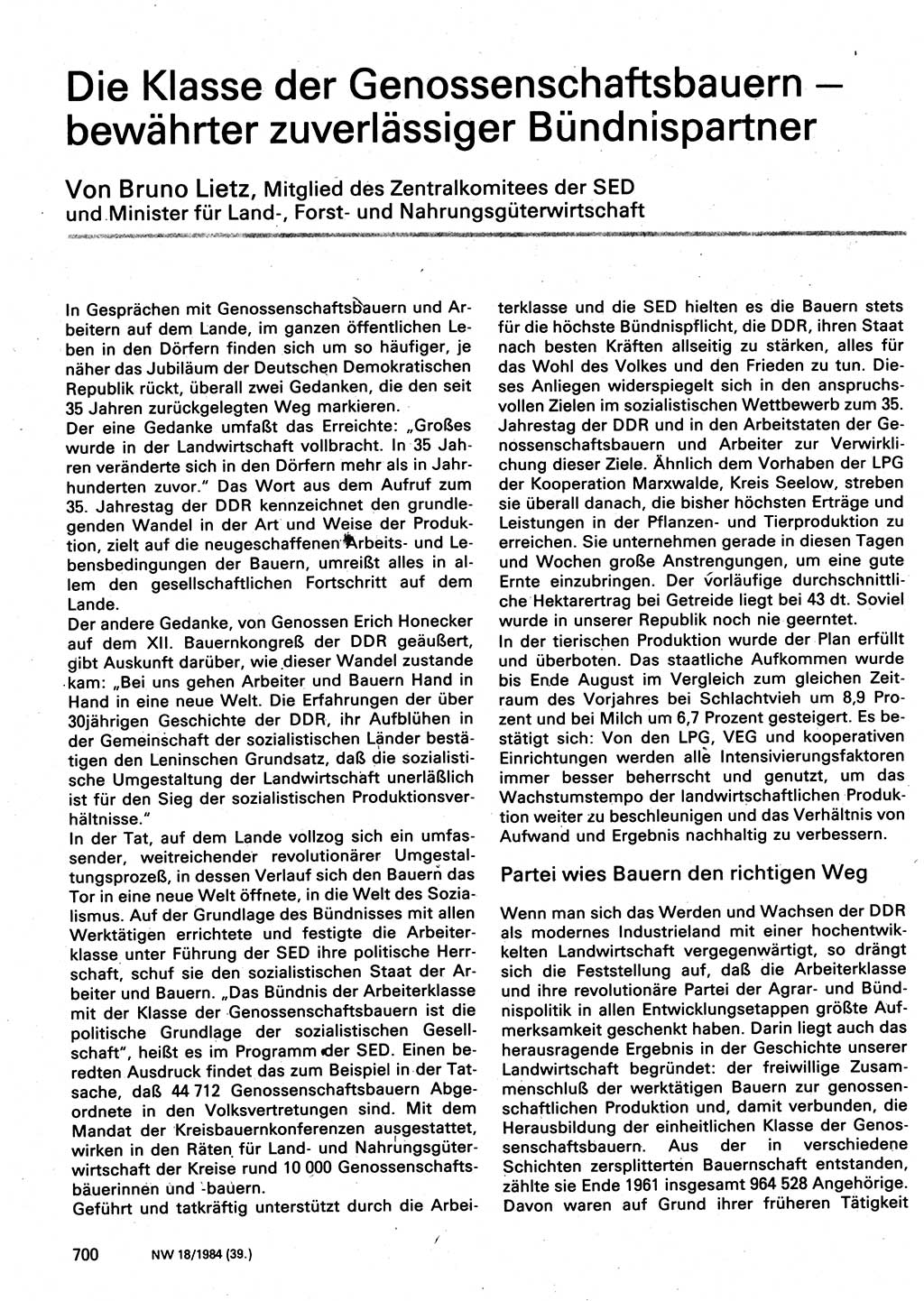Neuer Weg (NW), Organ des Zentralkomitees (ZK) der SED (Sozialistische Einheitspartei Deutschlands) für Fragen des Parteilebens, 39. Jahrgang [Deutsche Demokratische Republik (DDR)] 1984, Seite 700 (NW ZK SED DDR 1984, S. 700)