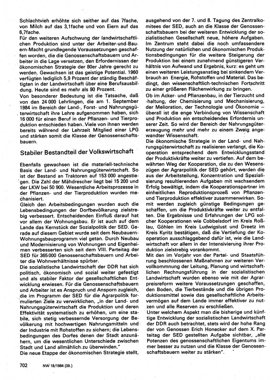 Neuer Weg (NW), Organ des Zentralkomitees (ZK) der SED (Sozialistische Einheitspartei Deutschlands) für Fragen des Parteilebens, 39. Jahrgang [Deutsche Demokratische Republik (DDR)] 1984, Seite 702 (NW ZK SED DDR 1984, S. 702)
