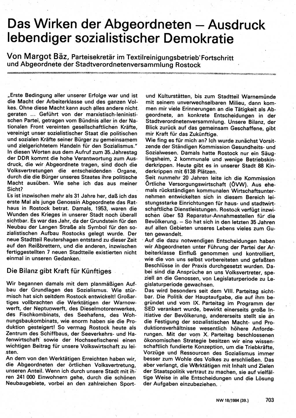 Neuer Weg (NW), Organ des Zentralkomitees (ZK) der SED (Sozialistische Einheitspartei Deutschlands) für Fragen des Parteilebens, 39. Jahrgang [Deutsche Demokratische Republik (DDR)] 1984, Seite 703 (NW ZK SED DDR 1984, S. 703)