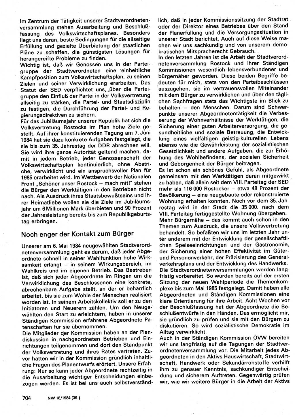 Neuer Weg (NW), Organ des Zentralkomitees (ZK) der SED (Sozialistische Einheitspartei Deutschlands) für Fragen des Parteilebens, 39. Jahrgang [Deutsche Demokratische Republik (DDR)] 1984, Seite 704 (NW ZK SED DDR 1984, S. 704)