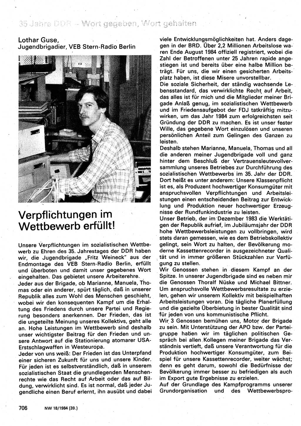 Neuer Weg (NW), Organ des Zentralkomitees (ZK) der SED (Sozialistische Einheitspartei Deutschlands) für Fragen des Parteilebens, 39. Jahrgang [Deutsche Demokratische Republik (DDR)] 1984, Seite 706 (NW ZK SED DDR 1984, S. 706)