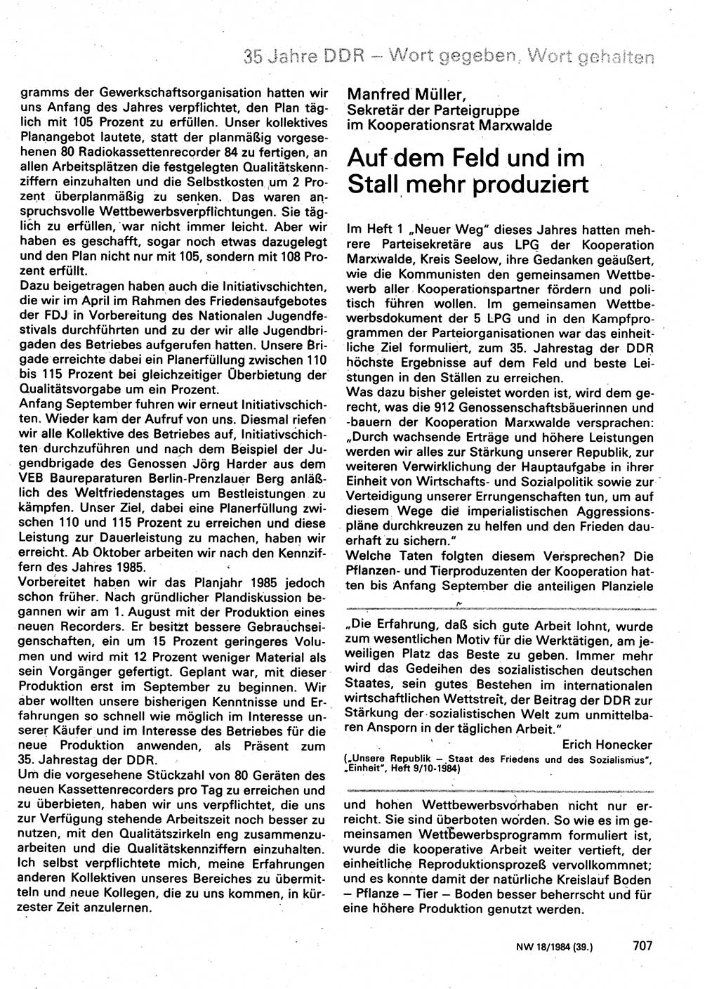 Neuer Weg (NW), Organ des Zentralkomitees (ZK) der SED (Sozialistische Einheitspartei Deutschlands) für Fragen des Parteilebens, 39. Jahrgang [Deutsche Demokratische Republik (DDR)] 1984, Seite 707 (NW ZK SED DDR 1984, S. 707)