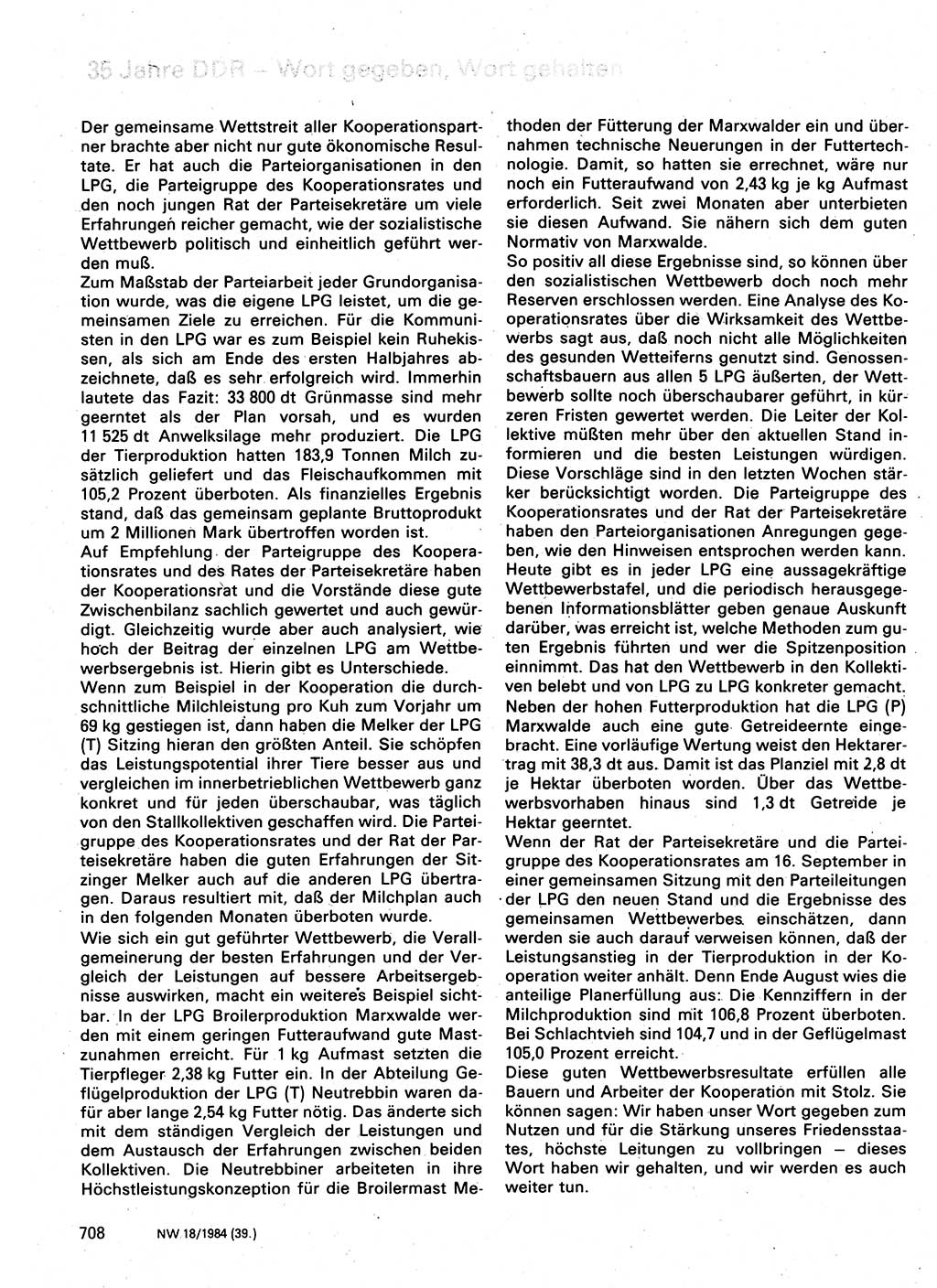 Neuer Weg (NW), Organ des Zentralkomitees (ZK) der SED (Sozialistische Einheitspartei Deutschlands) für Fragen des Parteilebens, 39. Jahrgang [Deutsche Demokratische Republik (DDR)] 1984, Seite 708 (NW ZK SED DDR 1984, S. 708)