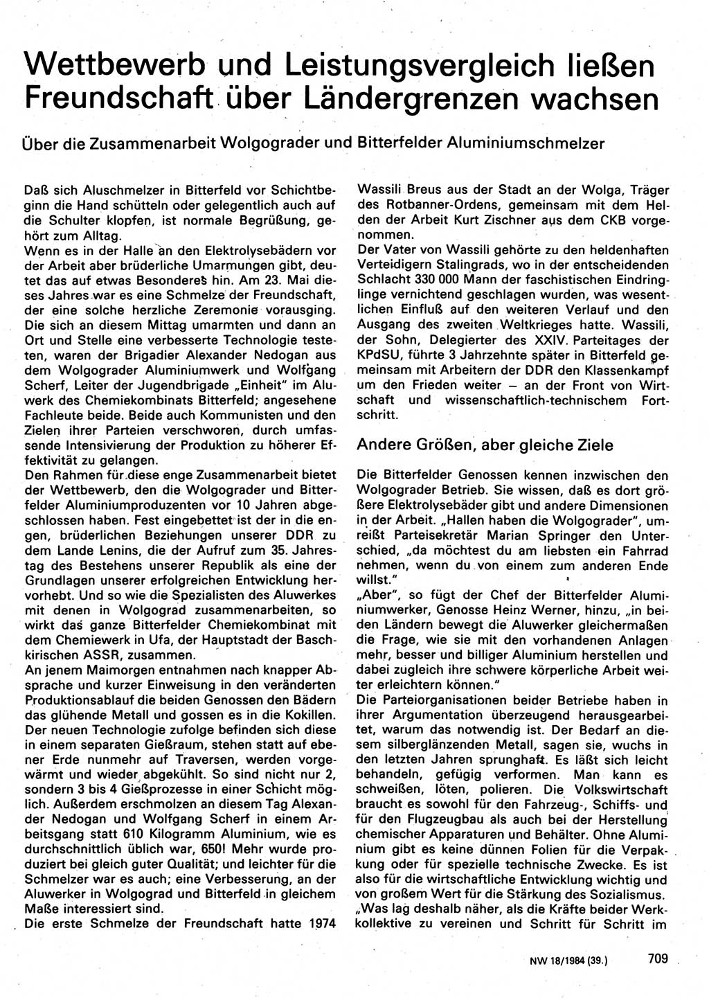 Neuer Weg (NW), Organ des Zentralkomitees (ZK) der SED (Sozialistische Einheitspartei Deutschlands) für Fragen des Parteilebens, 39. Jahrgang [Deutsche Demokratische Republik (DDR)] 1984, Seite 709 (NW ZK SED DDR 1984, S. 709)