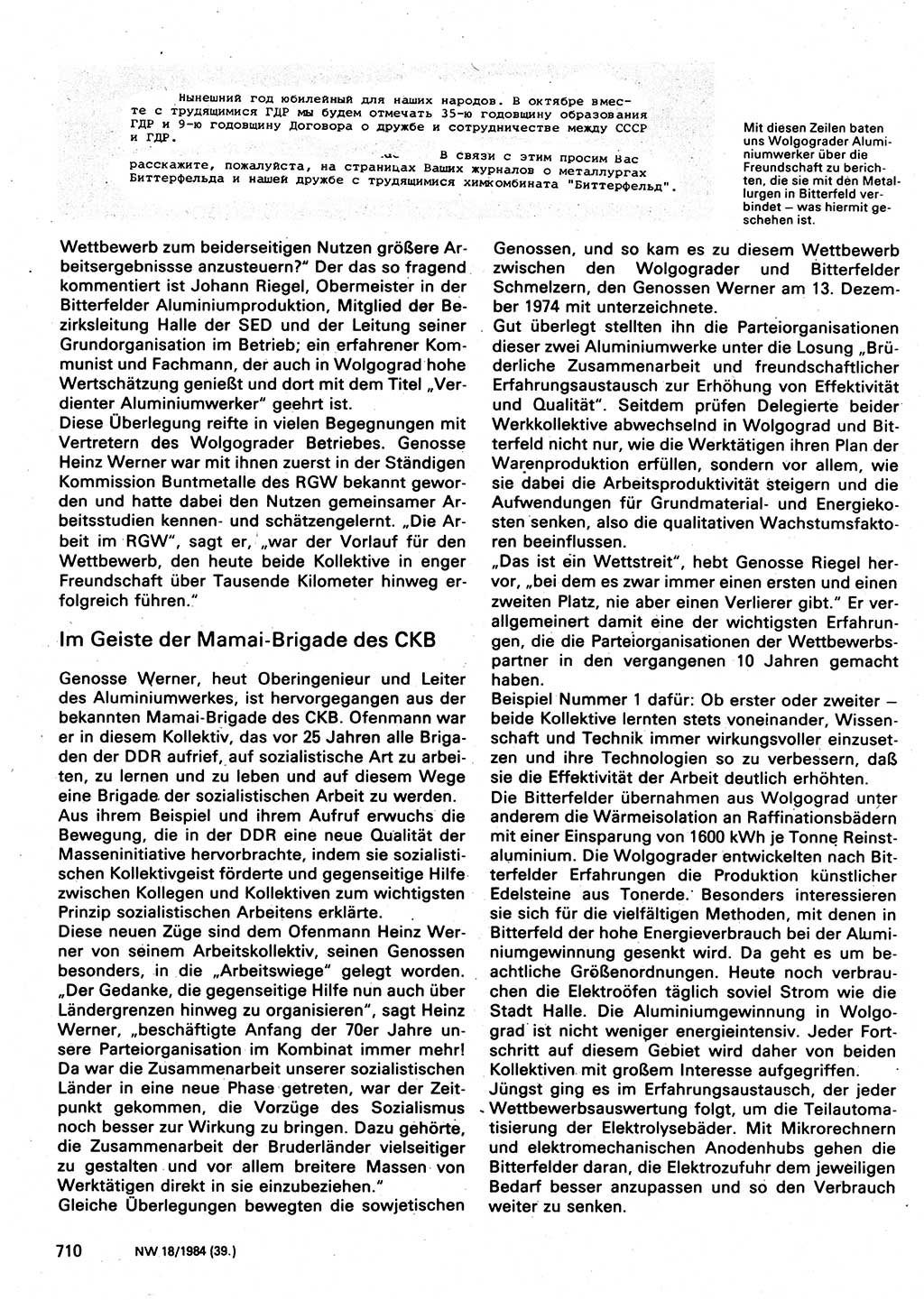 Neuer Weg (NW), Organ des Zentralkomitees (ZK) der SED (Sozialistische Einheitspartei Deutschlands) für Fragen des Parteilebens, 39. Jahrgang [Deutsche Demokratische Republik (DDR)] 1984, Seite 710 (NW ZK SED DDR 1984, S. 710)