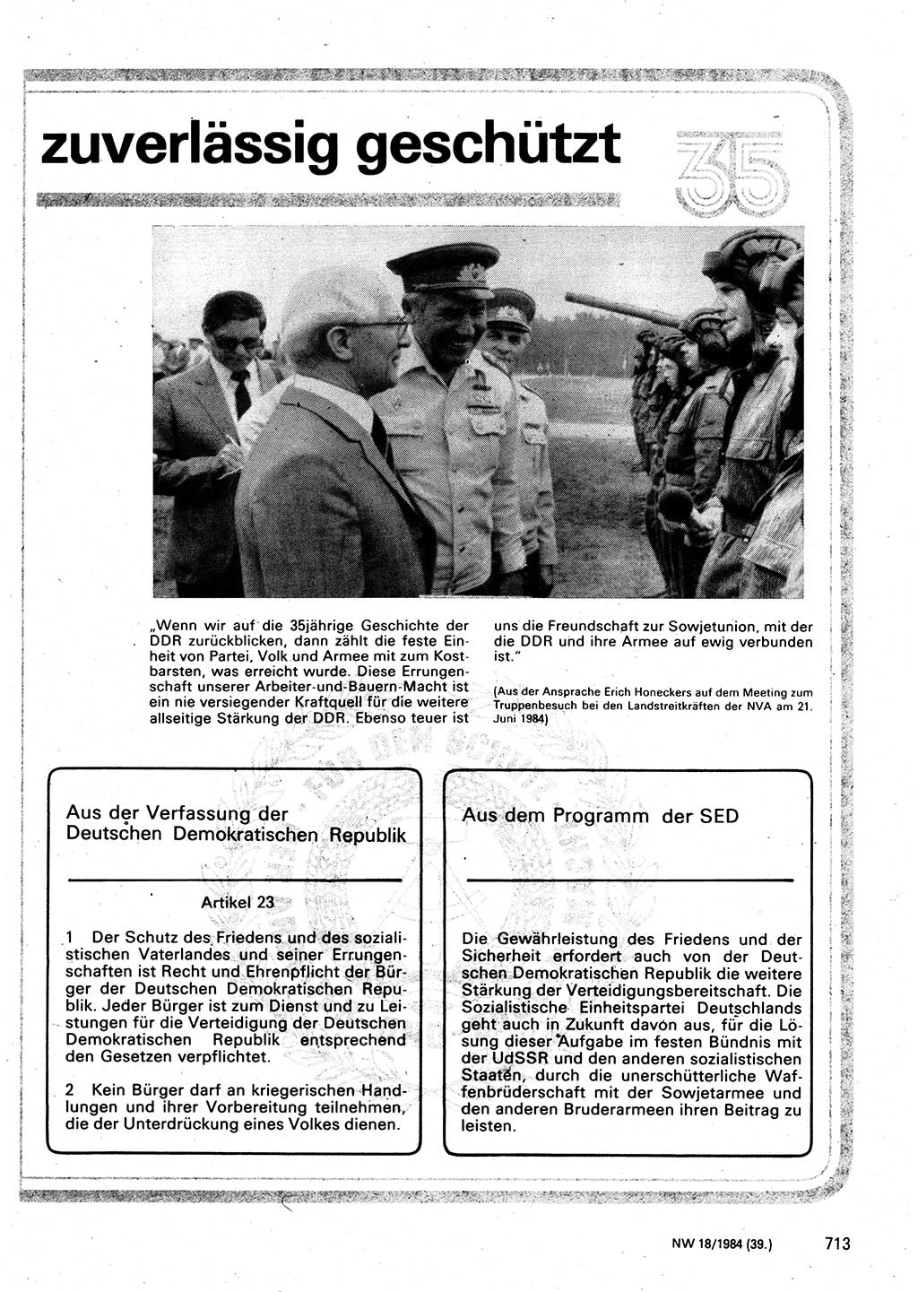 Neuer Weg (NW), Organ des Zentralkomitees (ZK) der SED (Sozialistische Einheitspartei Deutschlands) für Fragen des Parteilebens, 39. Jahrgang [Deutsche Demokratische Republik (DDR)] 1984, Seite 713 (NW ZK SED DDR 1984, S. 713)