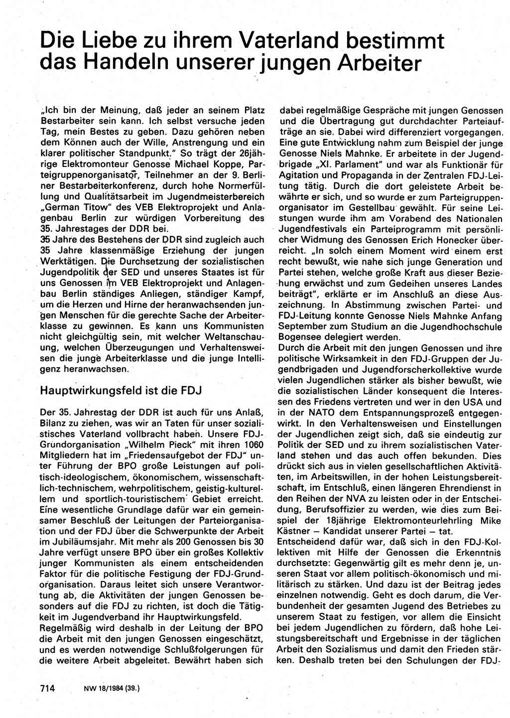 Neuer Weg (NW), Organ des Zentralkomitees (ZK) der SED (Sozialistische Einheitspartei Deutschlands) für Fragen des Parteilebens, 39. Jahrgang [Deutsche Demokratische Republik (DDR)] 1984, Seite 714 (NW ZK SED DDR 1984, S. 714)