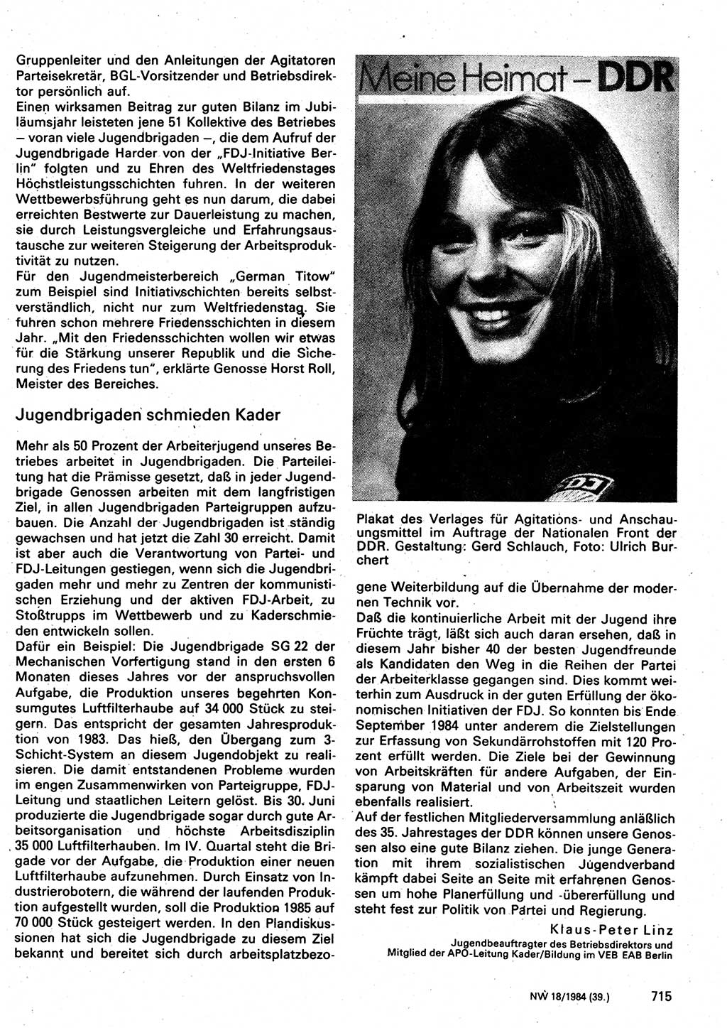 Neuer Weg (NW), Organ des Zentralkomitees (ZK) der SED (Sozialistische Einheitspartei Deutschlands) für Fragen des Parteilebens, 39. Jahrgang [Deutsche Demokratische Republik (DDR)] 1984, Seite 715 (NW ZK SED DDR 1984, S. 715)