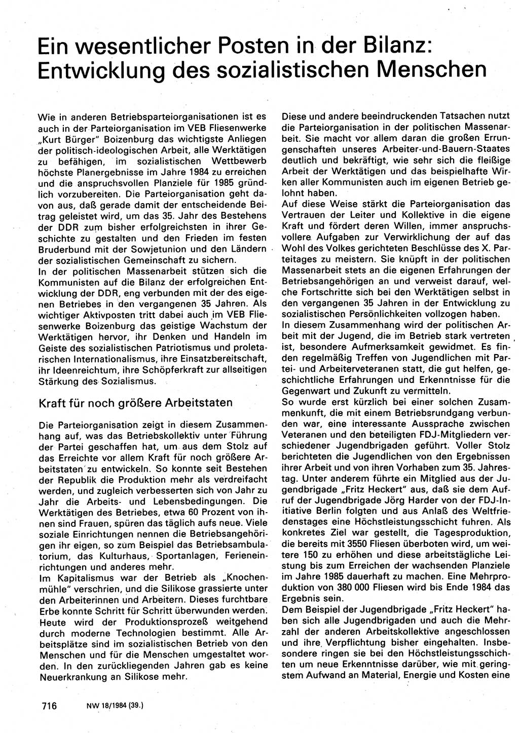 Neuer Weg (NW), Organ des Zentralkomitees (ZK) der SED (Sozialistische Einheitspartei Deutschlands) für Fragen des Parteilebens, 39. Jahrgang [Deutsche Demokratische Republik (DDR)] 1984, Seite 716 (NW ZK SED DDR 1984, S. 716)