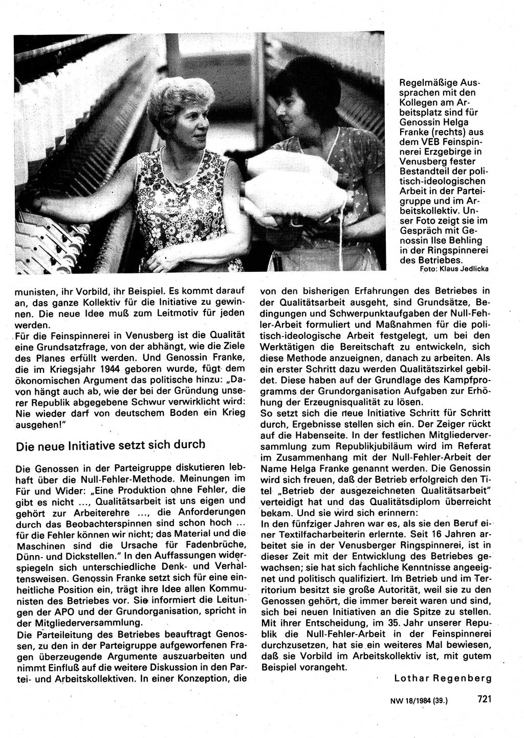 Neuer Weg (NW), Organ des Zentralkomitees (ZK) der SED (Sozialistische Einheitspartei Deutschlands) für Fragen des Parteilebens, 39. Jahrgang [Deutsche Demokratische Republik (DDR)] 1984, Seite 721 (NW ZK SED DDR 1984, S. 721)