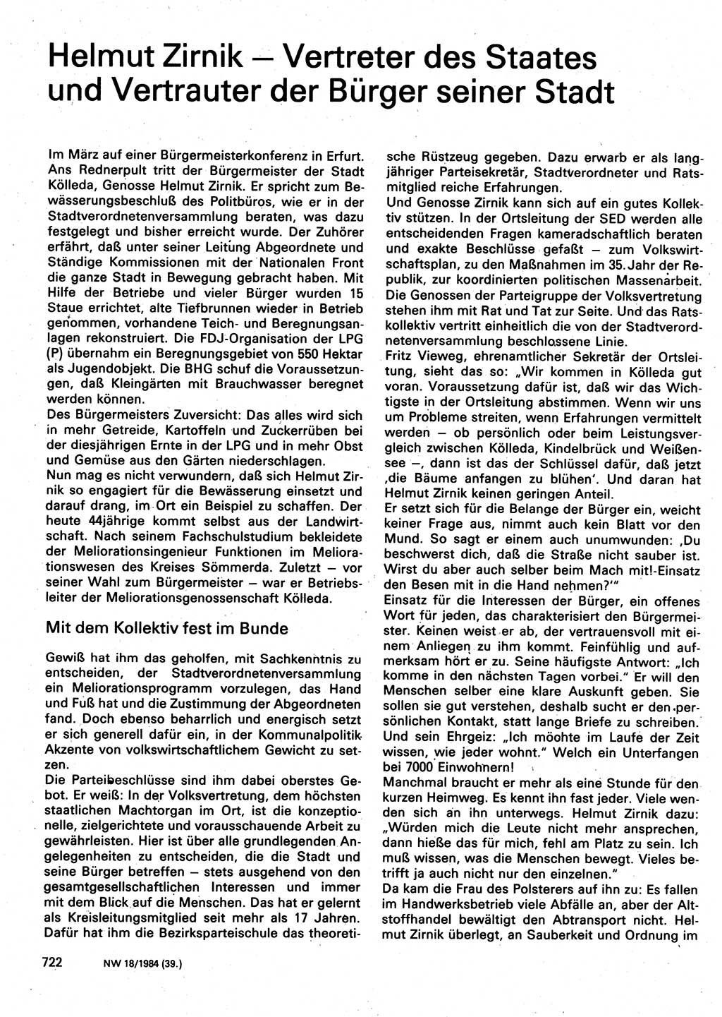 Neuer Weg (NW), Organ des Zentralkomitees (ZK) der SED (Sozialistische Einheitspartei Deutschlands) für Fragen des Parteilebens, 39. Jahrgang [Deutsche Demokratische Republik (DDR)] 1984, Seite 722 (NW ZK SED DDR 1984, S. 722)