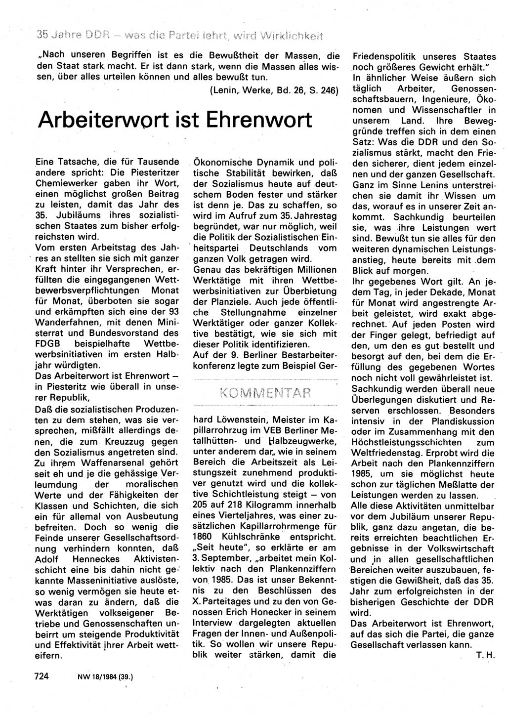 Neuer Weg (NW), Organ des Zentralkomitees (ZK) der SED (Sozialistische Einheitspartei Deutschlands) für Fragen des Parteilebens, 39. Jahrgang [Deutsche Demokratische Republik (DDR)] 1984, Seite 724 (NW ZK SED DDR 1984, S. 724)