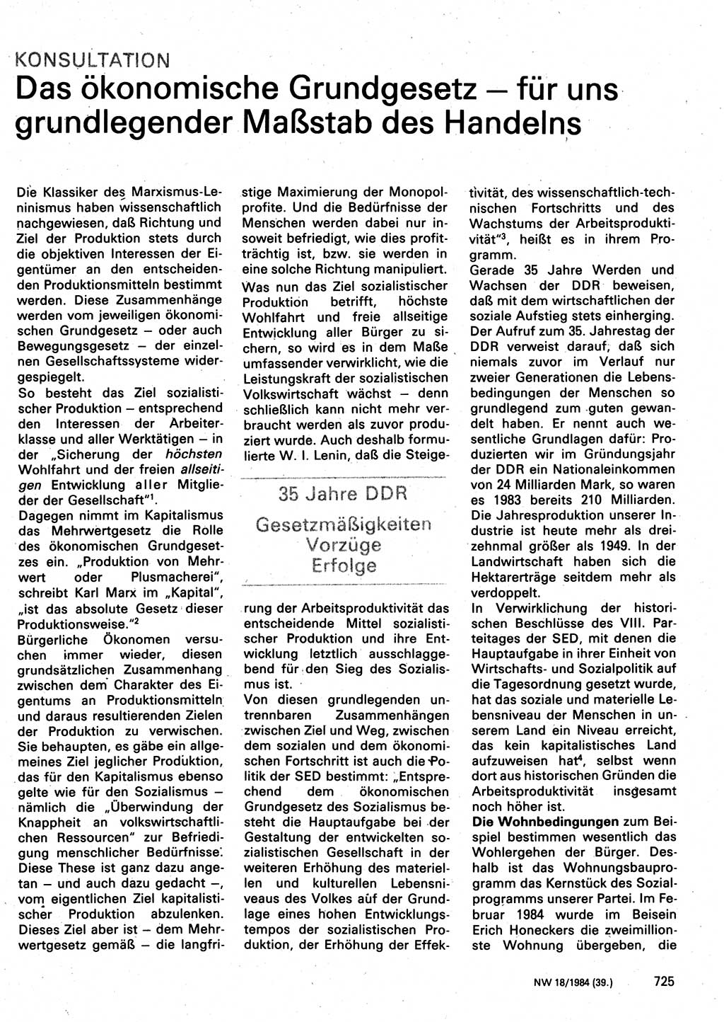 Neuer Weg (NW), Organ des Zentralkomitees (ZK) der SED (Sozialistische Einheitspartei Deutschlands) für Fragen des Parteilebens, 39. Jahrgang [Deutsche Demokratische Republik (DDR)] 1984, Seite 725 (NW ZK SED DDR 1984, S. 725)