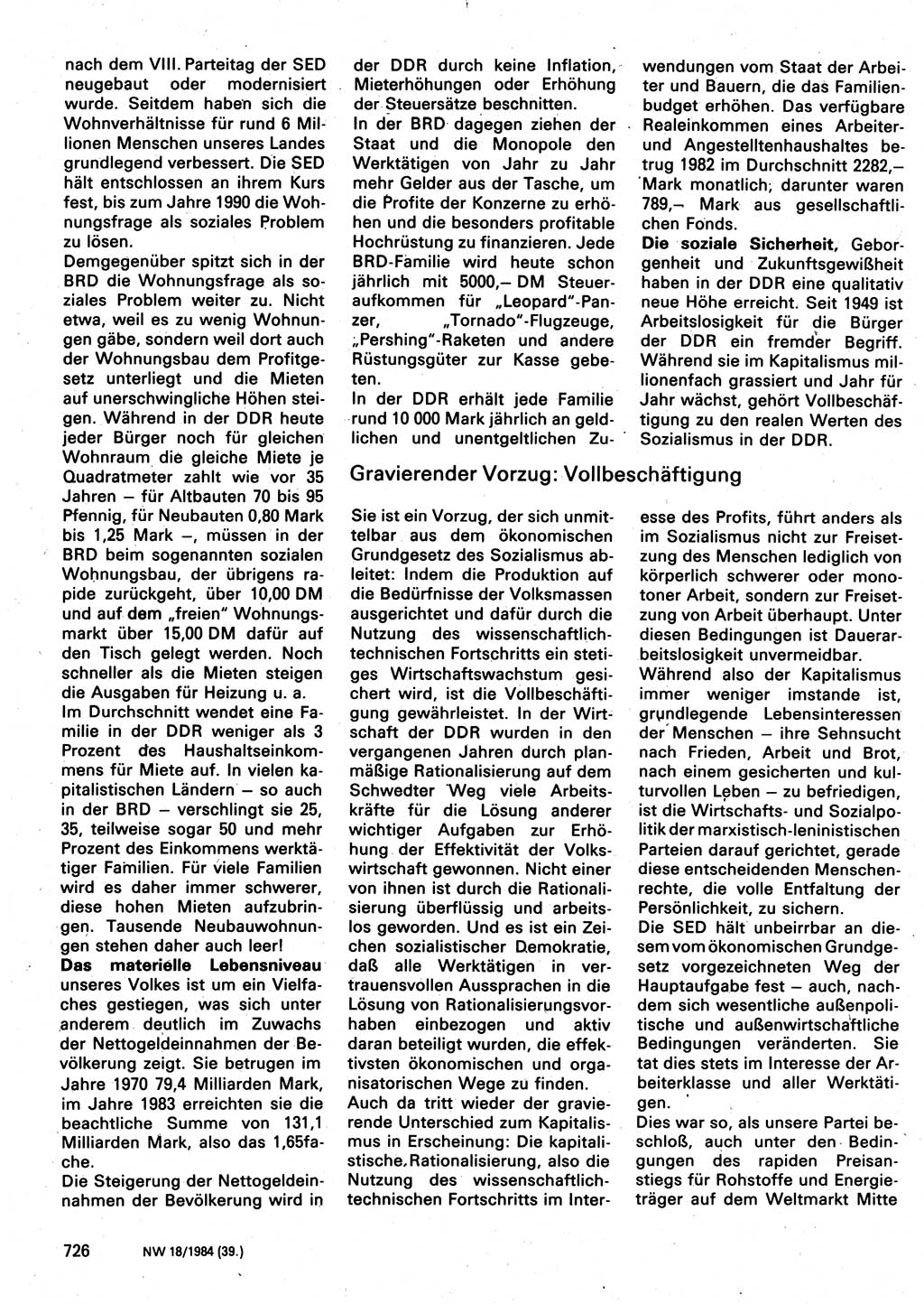 Neuer Weg (NW), Organ des Zentralkomitees (ZK) der SED (Sozialistische Einheitspartei Deutschlands) für Fragen des Parteilebens, 39. Jahrgang [Deutsche Demokratische Republik (DDR)] 1984, Seite 726 (NW ZK SED DDR 1984, S. 726)
